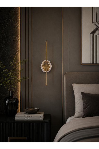 مصباح حائط LED ذهبي طولي بحلقة سداسية كريستالية عصري 15 واط - إضاءة جدارية مودرن 3 درجات سطوع موديل 7707