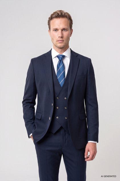Slim Fit Navy Blue Plain Suit with Vest