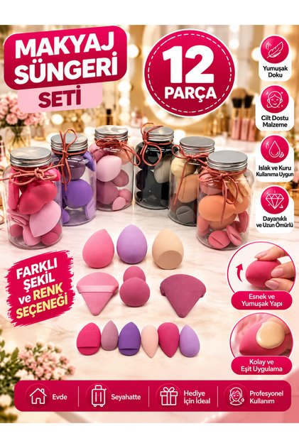 Makyaj Süngeri Seti Özel Kavanoz Kutulu 12 Parça