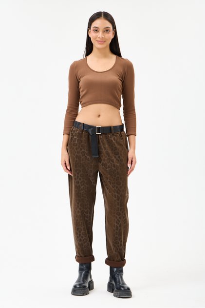 Women's Brown Italian Wide Fit Belted Leopard Print Matte Faux Leather Trousers