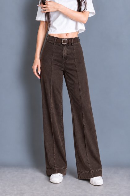 KADIN YÜKSEKBEL JEANS KEMERLİ ÖNÜ ÇIMALI GENİŞ PAÇA KOT PANTOLON