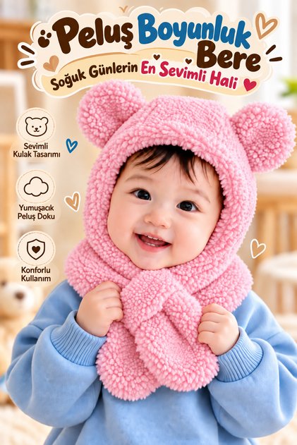 Baby Tammy Children's Hooded Plush Beanie Scarf Plush Windproof Beanie with Ears Plush Neck Collar Beanie