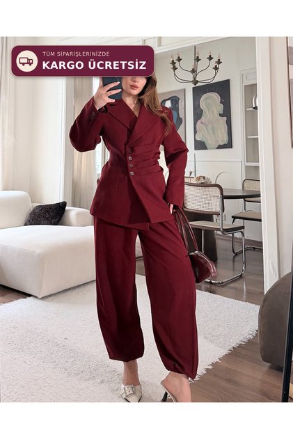 Bel Bağlamalı Bordo Blazer Pantolon Takım