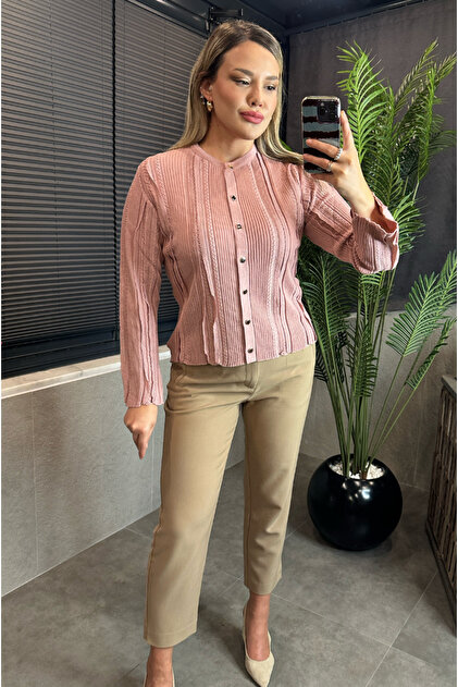 Glittery Fine Weave Detailed Pink Knitwear Cardigan