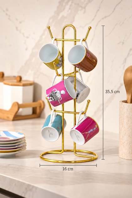 Shiny Gold 6 Compartment Cup Hanger Mug Cup Organizer Countertop Stainless Metal
