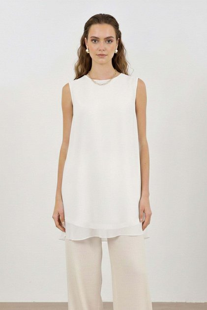 Women's Sleeveless Tulle Detailed Undergarment Tunic - 10270Tun Ecru