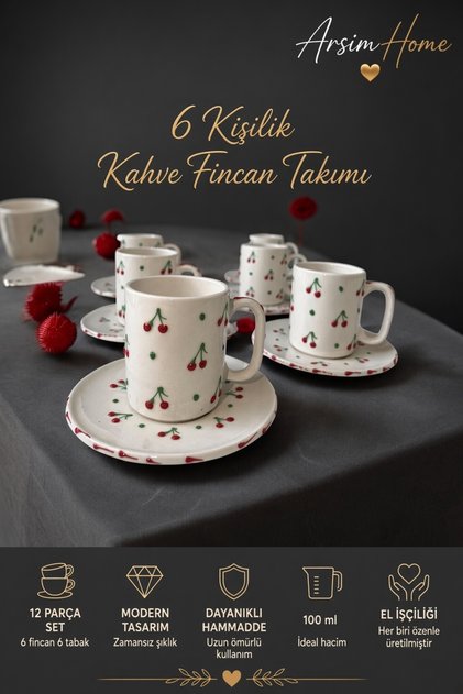 Kiraz Desenli Özel Tasarım Kabartma Tamamen El Dekorlu Fincan Takımı 12 Parça
