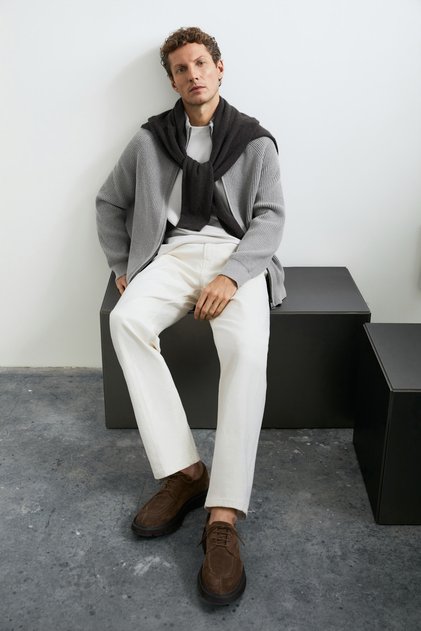 Ardan Cotton Blended Zippered High Collar Knitwear Cardigan Mink
