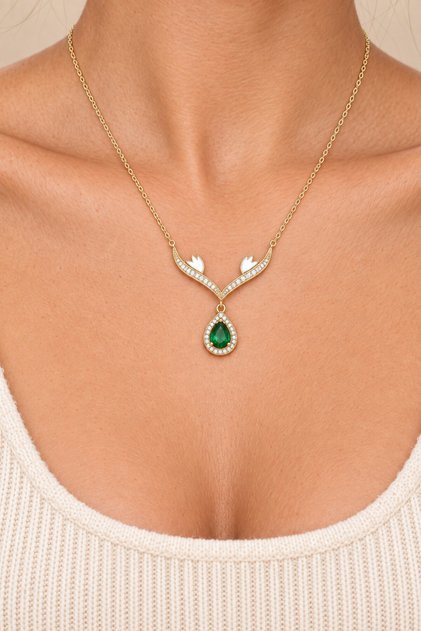 Emerald Green Zircon Stone Pendant with Steel Chain - Gold Color - (with Surprise Gift)