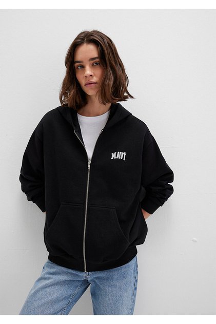 Logo Printed Hooded Zippered Black Sweatshirt 1S10178-900