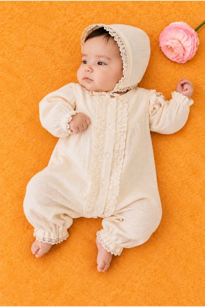Baby Girl Ecru Lace Detailed Self-Patterned Jumpsuit and Bonnet Set