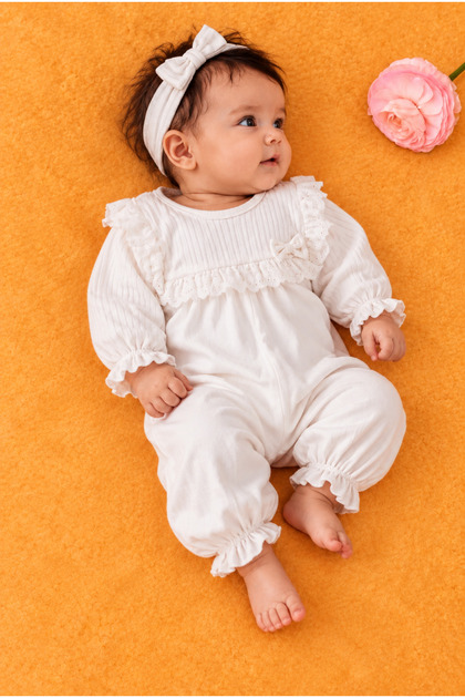 Baby Girl Ecru Corduroy Ruffle Detailed Jumpsuit and Bow Headband Set