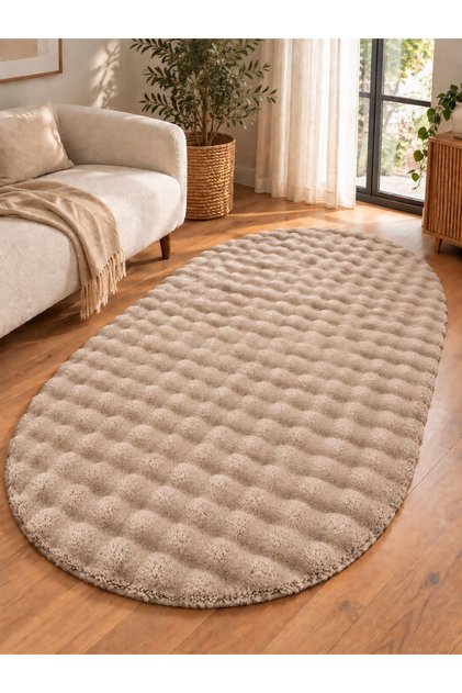 Lüks Puffy Bubble Bej Yumuşak Tavşan Tüylü Post Dokulu Kaymaz Taban Salon Koridor ve Halısı