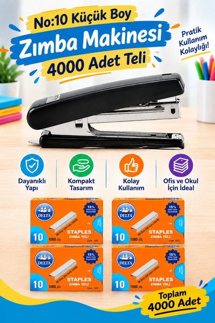 No:10 Zımba Makinesi Küçük Boy Ve 4 Paket No:10 Zımba Teli