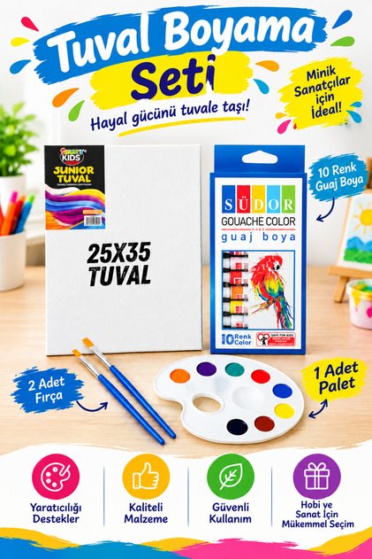 Guaj Boya Seti 25x35 Tuval, 10 Renk Boya, Palet Ve 2 Adet Fırça