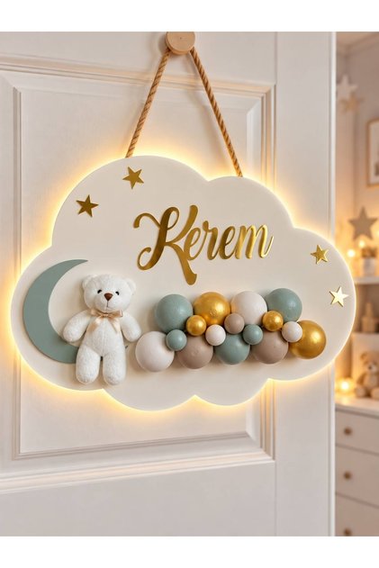İstediğiniz Ismi Yazıyoruz - Bubble Ayıcıklı Ledli Bulut Bebek Kapı Süsü