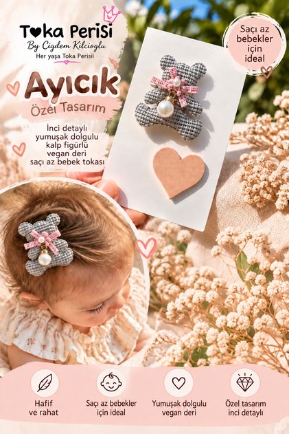 Baby Gray Teddy Bear Heart Hair-Free Baby Hair Clip Set - Baby Hair Clip That Doesn'T Hurt Hair