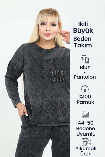 Women's 44-50 Size Compatible 95% Cotton Blouse and Pants Set Special Knitwear Seasonal Set - Washable Plus Size Compatible Embroidery and Stone Detailed Textured Two-Piece Mother Black Set