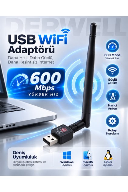 Usb Kablosuz Wireless 600 Mbps Wifi Çekim Yükseltici Adaptör Pc Ağ Lan Kartı Antenli Güçlendirici
