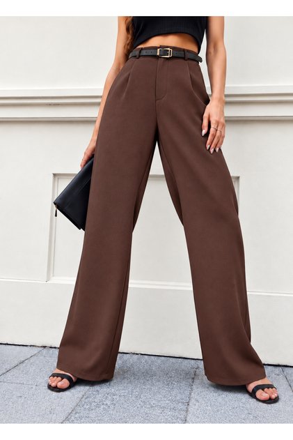 Women's Brown Belted Palazzo Loose Wide Leg Trousers