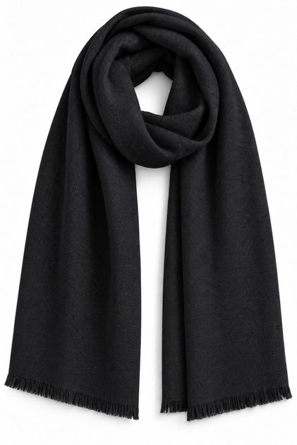 Black Soft Textured Thin Fabric Wide Cut Edges Tassel Detailed Woven Shawl