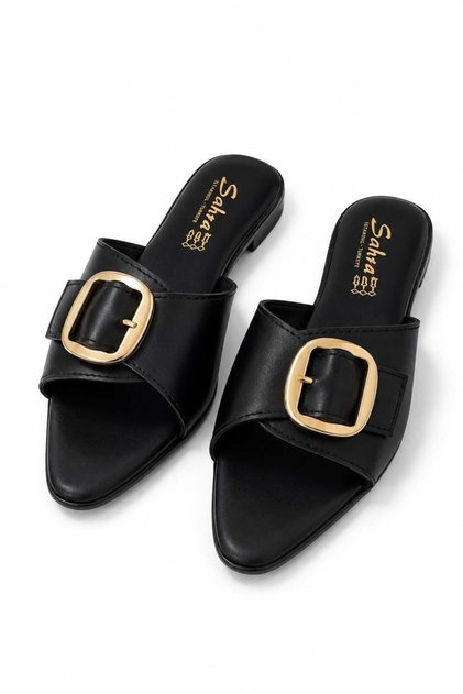 Black Lightly Textured Pointed Toe Gold Buckle Detailed Comfortable Daily Use Slippers