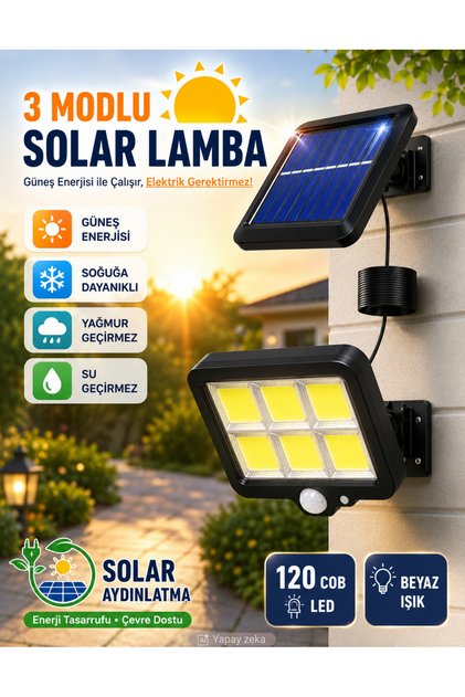 120 Ledli Sensörlü Güneş Enerjili 3 Mod 4,5 Metre Kablolu Solar Sokak Lambası