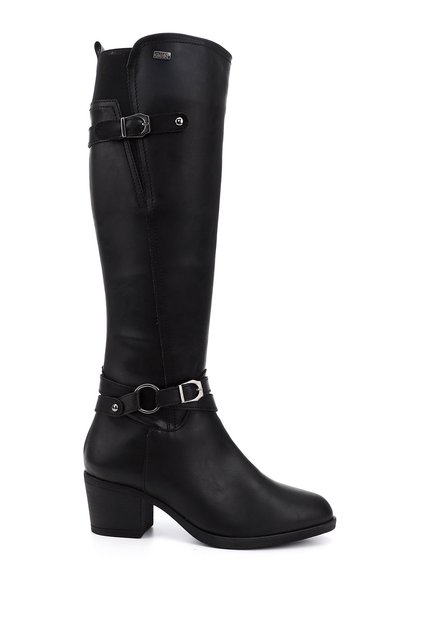 Women's Black Zippered Pointed Toe Thick Heeled Boots