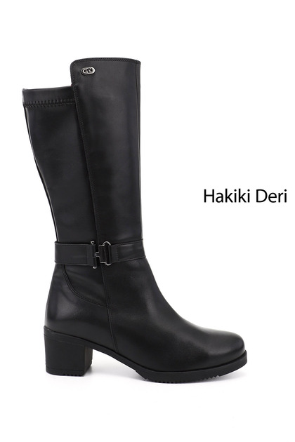 Women's Black Thick Heeled Genuine Leather Boots