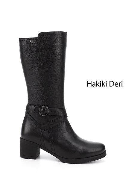 Women's Black Floater Zippered Thick Heeled Genuine Leather Boots