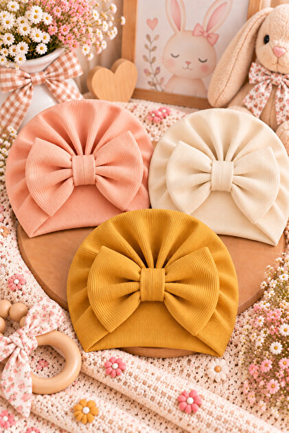 Bowknot Baby Bonnet Set of 3 - Salmon/ White / Mustard