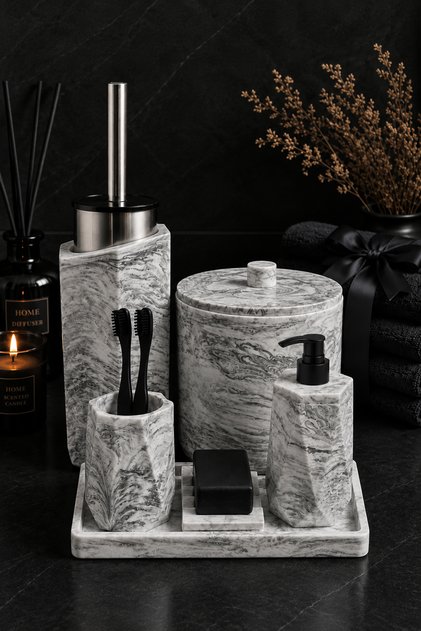 8 Parça Mermer Desenli Beton Banyo Seti Katı Sıvı Sabunluk Diş Fırçalık Çöp Kovası Tuvalet Fırçalığı