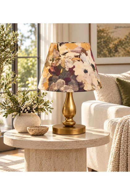 Eskitme Ayaklı Mor Çiçek Detaylı Silindir Masa Lambası Dekoratif Abajur Salon Yatak Odası