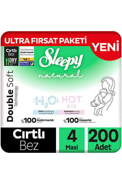 Natural Double Soft Ultra Fırsat Paketi Bebek Bezi 4 Numara Maxi 200 Adet