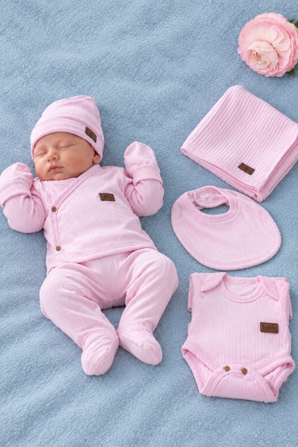 Rocha Baby White Ribbed 7-Piece Hospital Discharge Set - 100% Cotton Newborn Set and Blanket Set