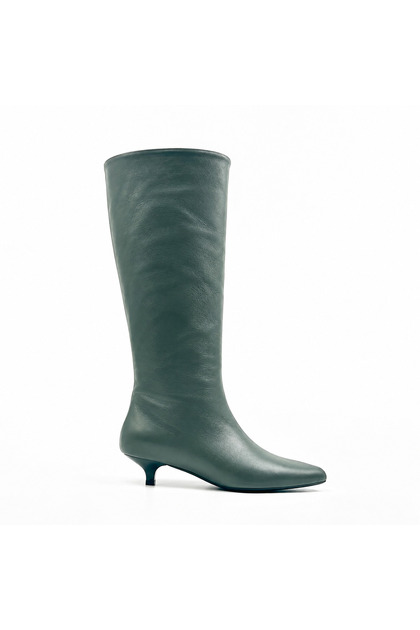 Khaki Green Genuine Leather Thin Heeled Below-The-Knee Women's Boots – 3.5 cm Heels