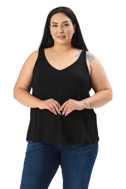 Plus Size V-Neck Flared Cut Black Blouse