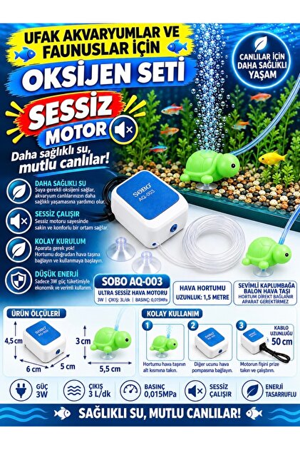 🐠 MİNİ AKVARYUMLAR VE FAUNUSLAR İÇİN OKSİJEN SETİ 🐠(Sobo AQ-003 sessiz hava motoru +1,5 m hortum+balon hava taşı+2 adet vantuz)