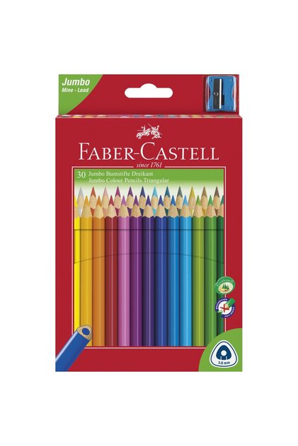 Creioane colorate Jumbo în cutie de carton Faber-Castell + ascuțitoare, 30 de culori