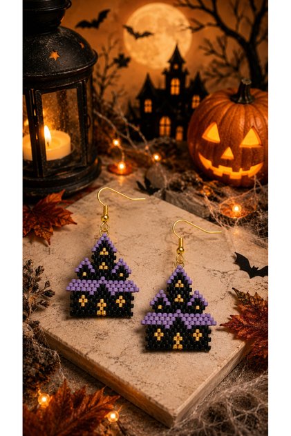 Miyuki Bead Handmade Haunted Castle Earrings Halloween