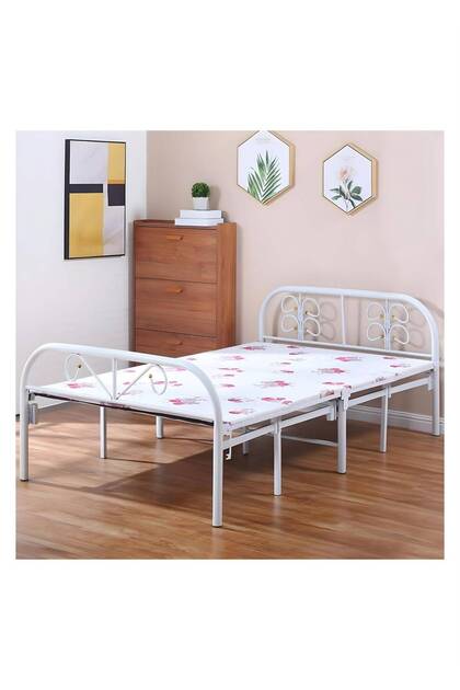 Single Iron Folding Bed Frame with Mattress Pad 90 x 190 x 70 cm MS_BED_MTL_0001_WT White