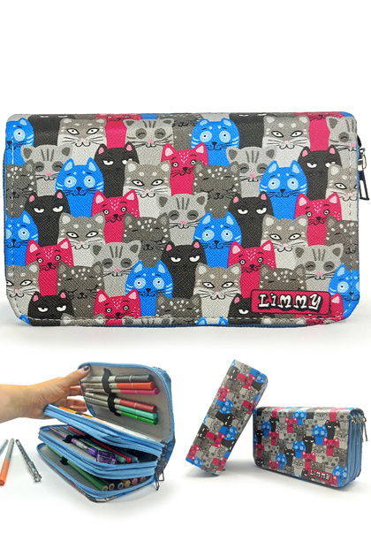 Pencil Case Cute Cat Kawai Organizer Pencil Case Vegan Leather Three Compartment Pen Holder - Blue