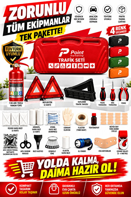 Eva Çantalı Profesyonel Premium Plus Trafik Seti 1 KG Yangın Tüplü TÜVTÜRK Muayene Uyumlu Kırmızı CE Belgeli Tornavida ve Pense Seti