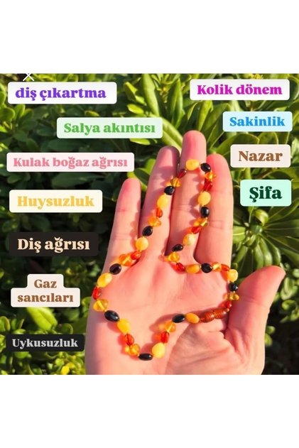Kehribar Bebek Diş Salya Nazar Kolye- Dualı Cevşen Hediyeli