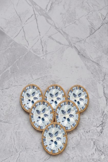 Set of 6 Embroidered Straw-Edged Luxury Coasters 10 cm - Model 4