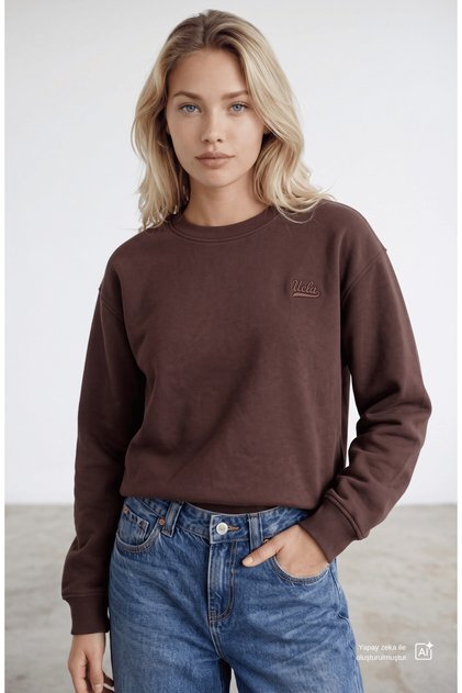 Sunniva Coffee Crew Neck Embroidered Loose Fit Women's Sweatshirt