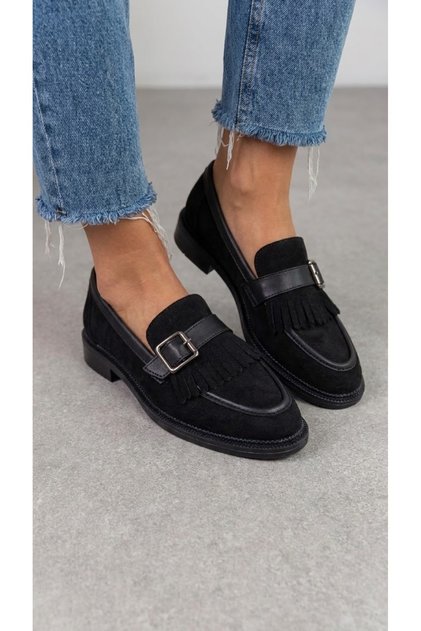Women's Black Suede Tasseled Buckle Thick Sole Loafer Shoes
