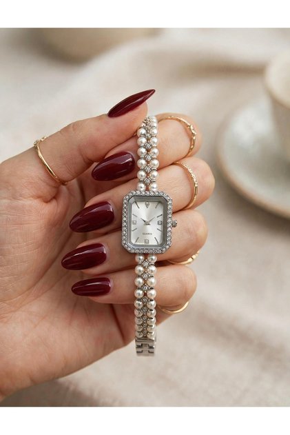 İncili Baget Kol Saati - Kadın Taşlı Kare Model Vintage Saat