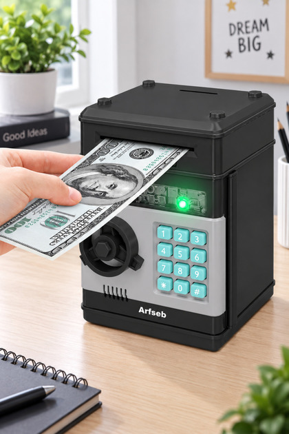 Akıllı ATM Kumbara Ve Mini banka – Şifreli ve Dijital Kasa Siyah