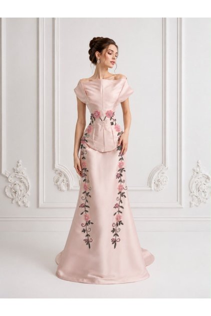 Pink Mikado Evening Gown with Floral Embroidery and a Train